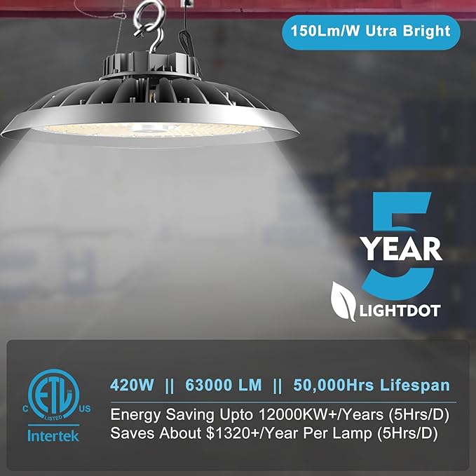 ACOHOOK 420W LED High Bay Light 5000K Daylight UFO Commercial Bay Light - Image 2