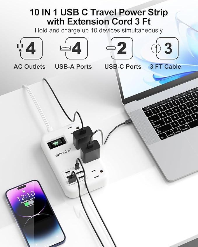 6 USB Travel Power Strip- Flat Plug Extension Cord 3 Feet - Image 4