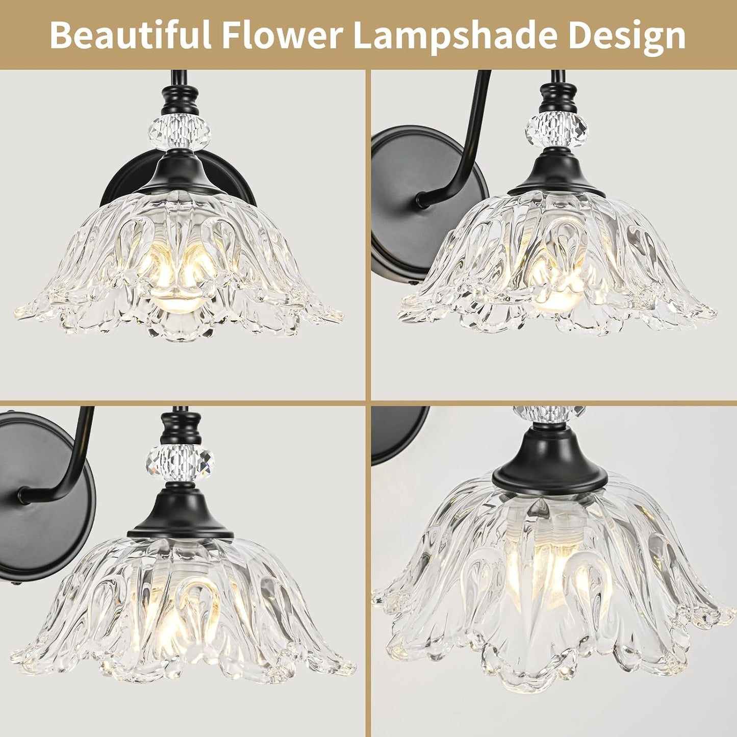 1 Piece Black Wall Sconce with Floral Clear Glass Shade, Black Farmhouse Wall Mount Lighting for Bathroom,Vintage Bathroom Vanity Light Fixture