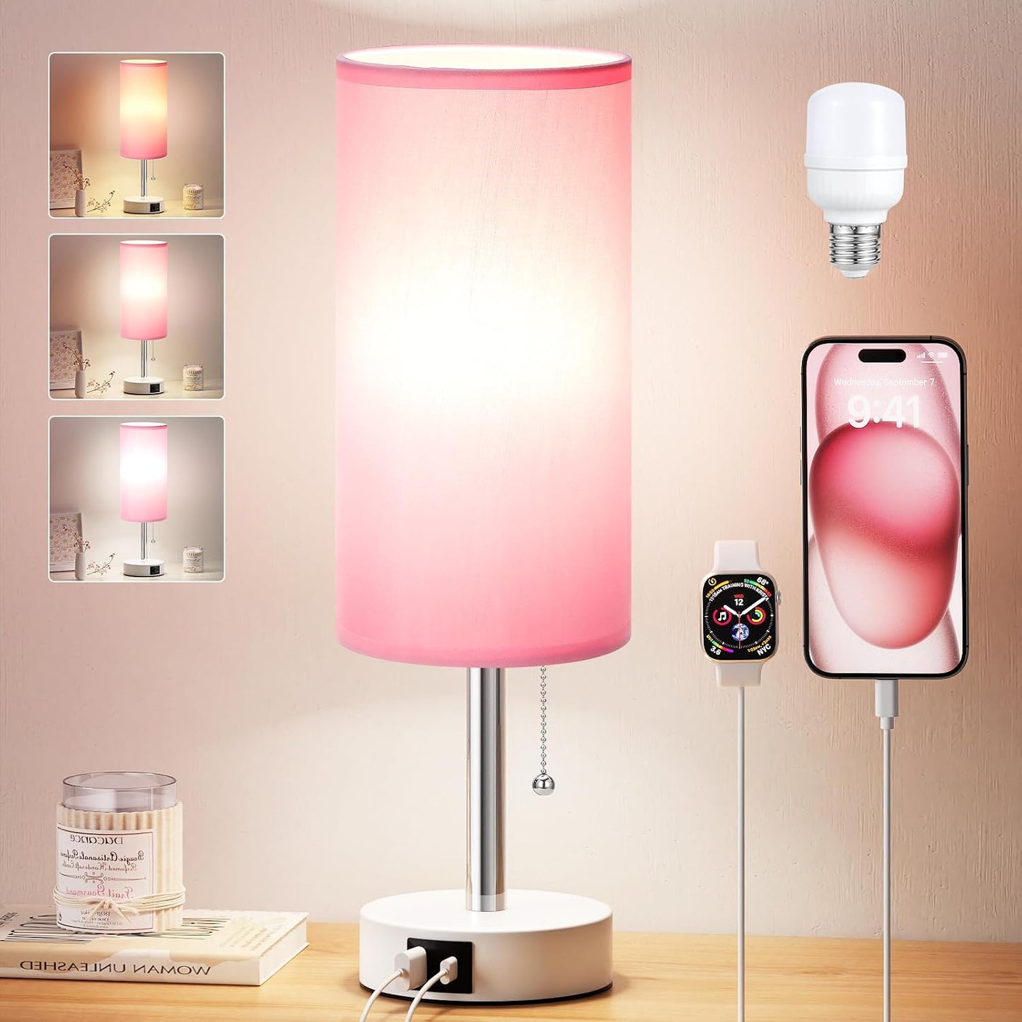 Dicoool Pink Bedside Table Lamp for Girls Bedroom - USB A+C Charging Ports | 3 Color Temperatures, Bulb Included, Pink Fabric Shade, White Metal Base, Cute Pink Room Decor, 14" Desk Lamp for Kids Dorm