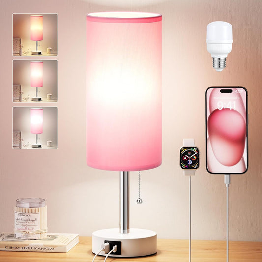 Dicoool Pink Bedside Table Lamp for Girls Bedroom - USB A+C Charging Ports | 3 Color Temperatures, Bulb Included, Pink Fabric Shade, White Metal Base, Cute Pink Room Decor, 14" Desk Lamp for Kids Dorm