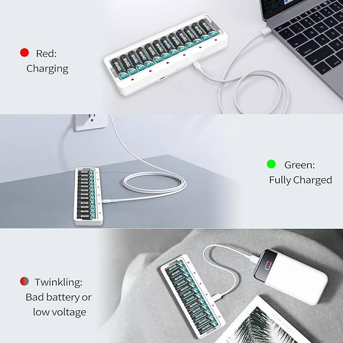 Dlyfull 12 Bay AA AAA Battery Charger, USB and Type-C Selectable High-Speeding - Image 4