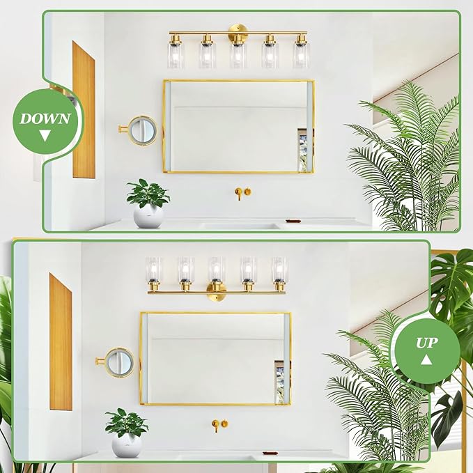 Guliaofo 5-Light Bathroom Vanity Lights, E26 Modern Brushed Gold Bathroom Light - Image 4