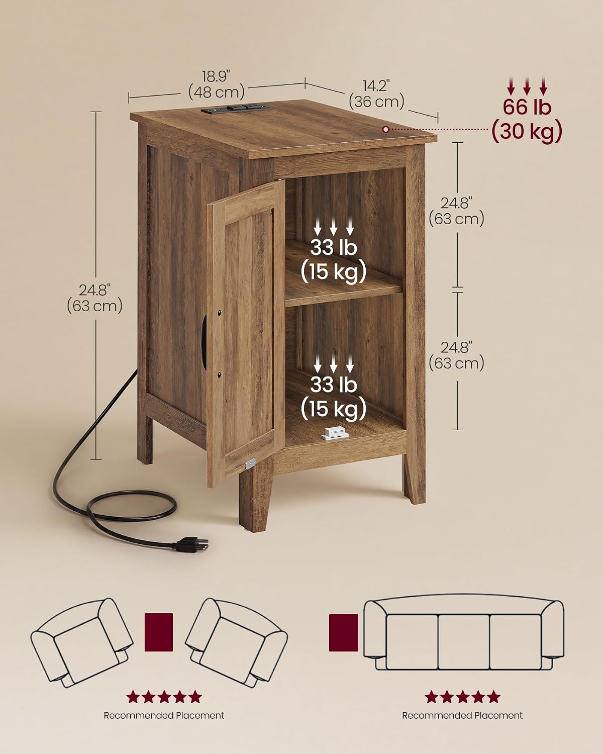 VASAGLE LIRY Collection - End Table with Charging Station, Side Table with Storage Cabinet, Night Stand for Living Room, Bedroom, Home Office, Warm Brown ULET131K101S