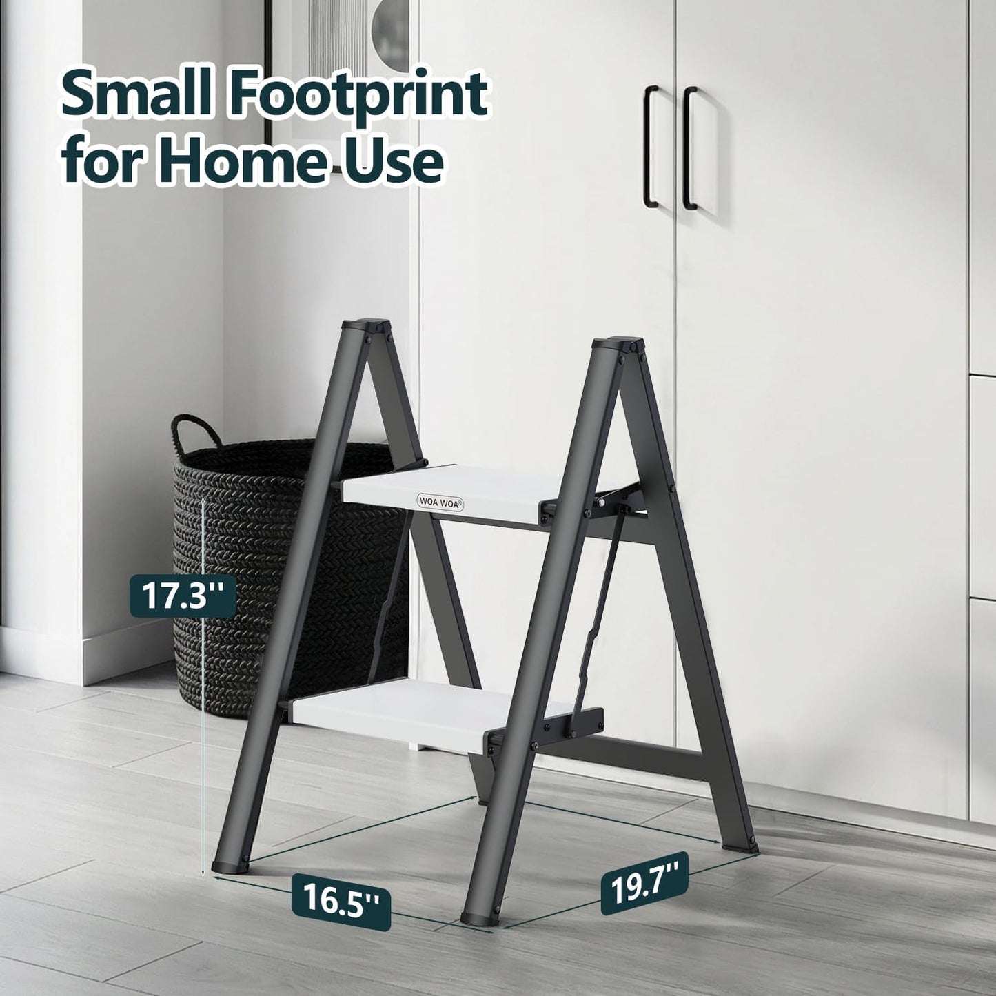 2 Step Ladder, Foldable Step Stool, 300lbs Load, Black & White | Folded 27''H x 3''T; Net 6.9 lbs; Rigid Aluminum Steps; No Assembly; For Home, Kitchen, Office, Pantry, Closets, Cabinets