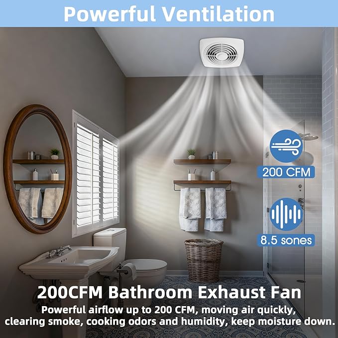 8 Inch Bathroom Exhaust Fan Ceiling Mount 200 CFM 8.5 Sones Kitchen Exhausts - Image 2