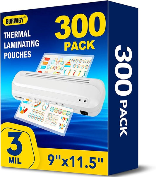 BURVAGY 300 Pack Laminating Sheets, 3 Mil, 9 x 11.5 Inches Thermal Laminating by BURVAGY