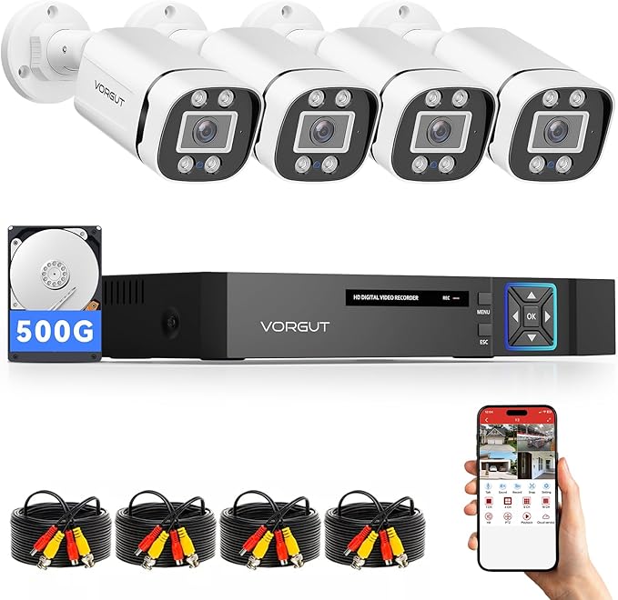 VORGUT Wired Security Camera System Outdoor, 4 Channel 5MP Lite AHD TVI DVR by VORGUT