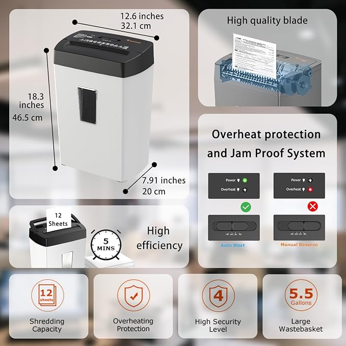 Bonsaii 12-Sheet Cross-Cut Paper Shredder, P-4 Security, Credit Card & Document - Image 2