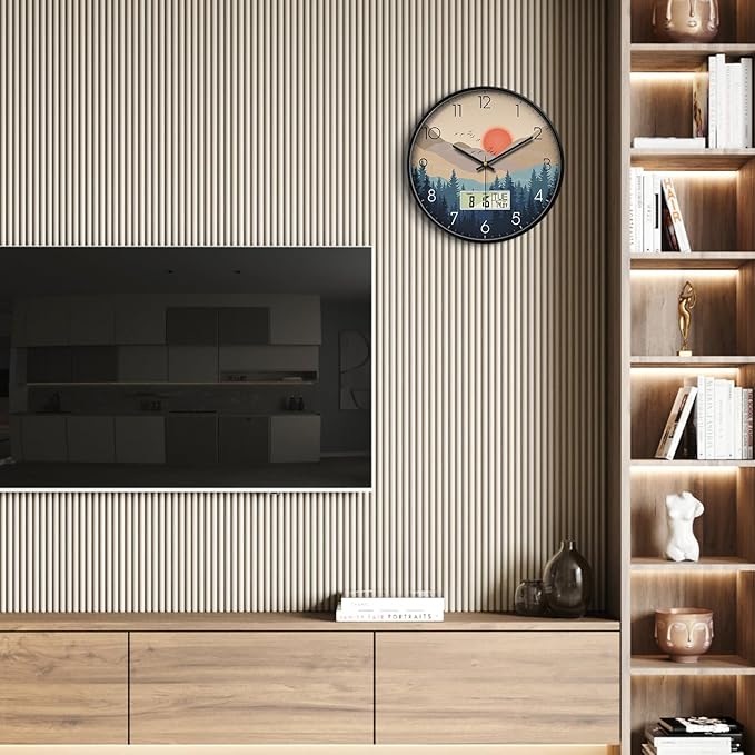 Silent Wall Clock with Day Week Temperature Wilderness with Sunset Non-ticking - Image 5