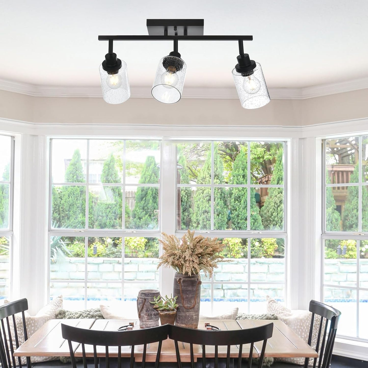 3-Light Black Track Lighting Kit Ceiling Mount Kitchen Track Lighting Fixtures, Bathroom Ceiling Tracking Vanity Light with Bubble Seeded Glass Shade & Rotatable Tracking Heads for Accent Shop