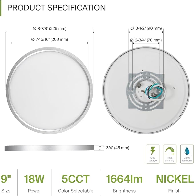 ASD LED 9" Round Flush Mount Ceiling Light Fixture, Low Profile Surface - Image 2