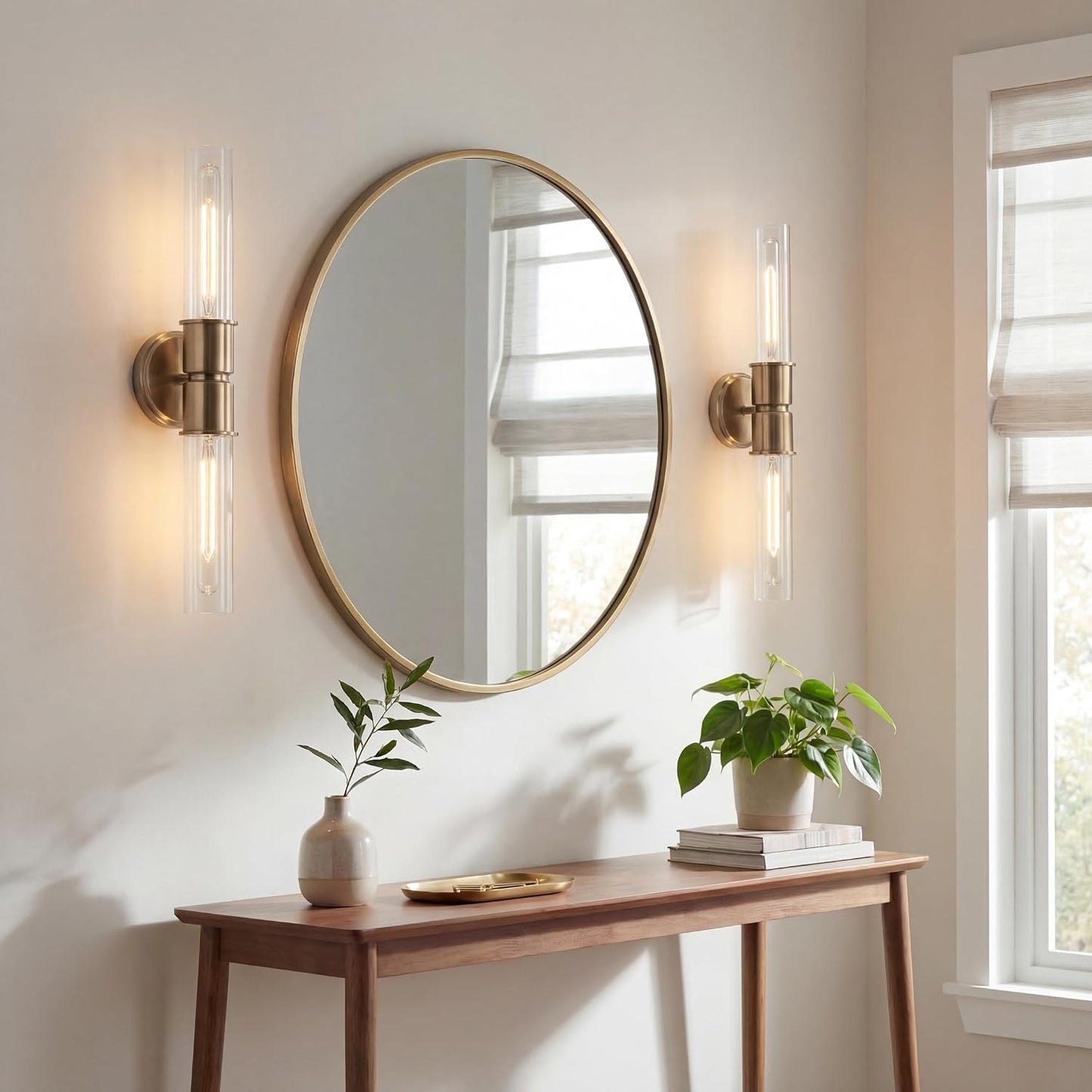 Kichler Aviv 24" 2-Light Wall Sconce Light, Champagne Bronze | Clear glass shades mount up or down and showcase bulb filaments in bedrooms, hallways, kitchens and laundry rooms, 52654CPZ