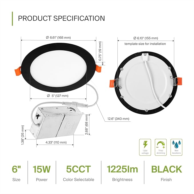 ASD 6 Pack LED Recessed Lighting 6 Inch 15W, 5 CCT 2700K-5000K CRI90+, IC Rated - Image 2