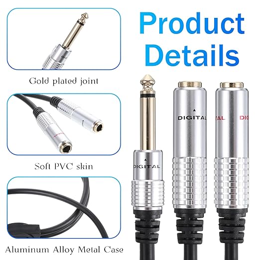 6.35mm TS Guitar Signal Audio Y Splitter Cable, 1/4 Inch Mono Male to Dual Mono - Image 3