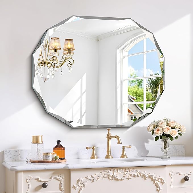 GLASHOM Frameless Bathroom Mirror, 30x36 inch Vanity Mirror Beveled Edge Wall by GLASHOM