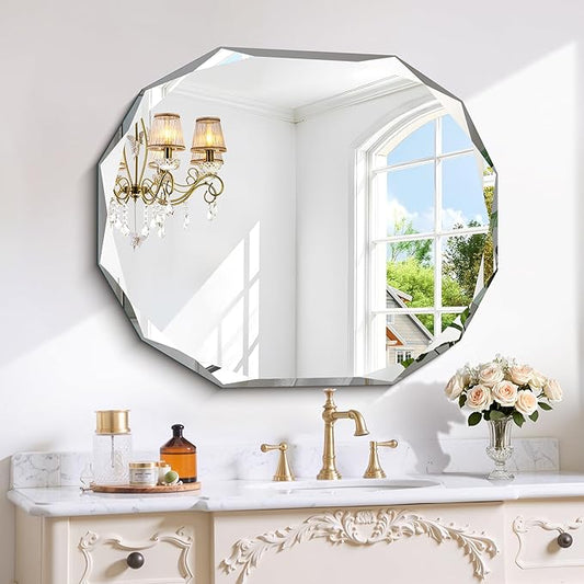 GLASHOM Frameless Bathroom Mirror, 30x36 inch Vanity Mirror Beveled Edge Wall by GLASHOM