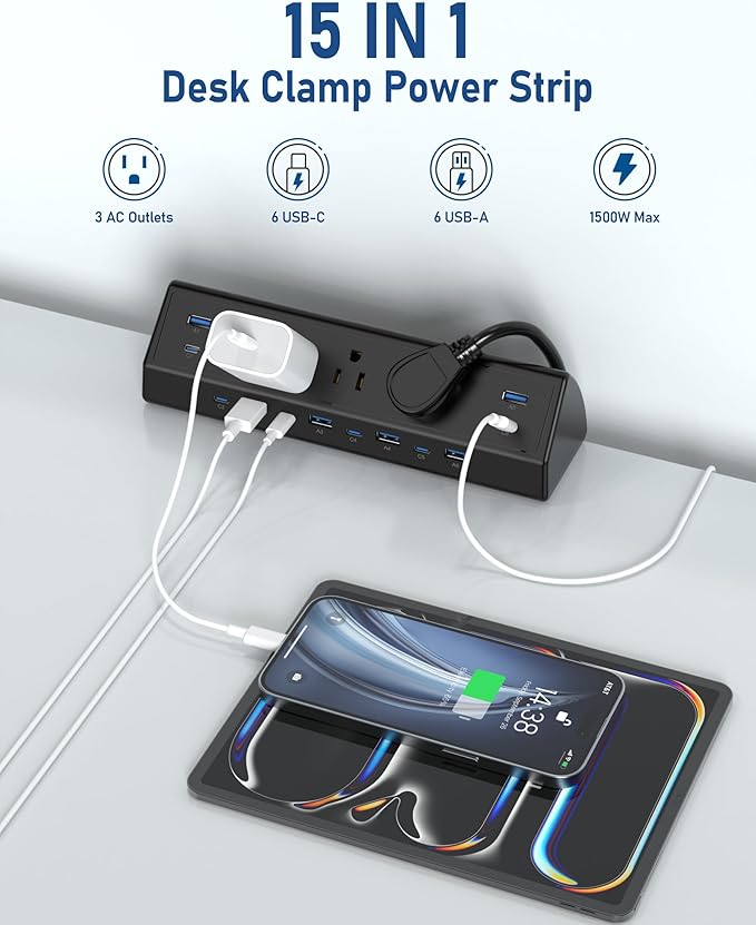 Jgstkcity 130W Desk Clamp Power Strip, 12 USB Ports, Surge Protector, ETL - Image 4