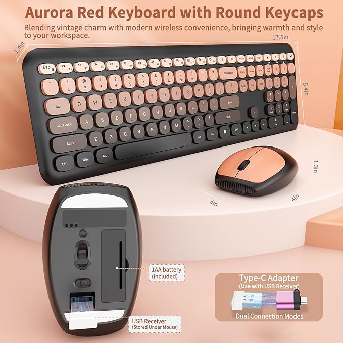 HotFox Wireless Keyboard and Mouse Combo, Full-Size Retro Typewriter Keyboard - Image 4
