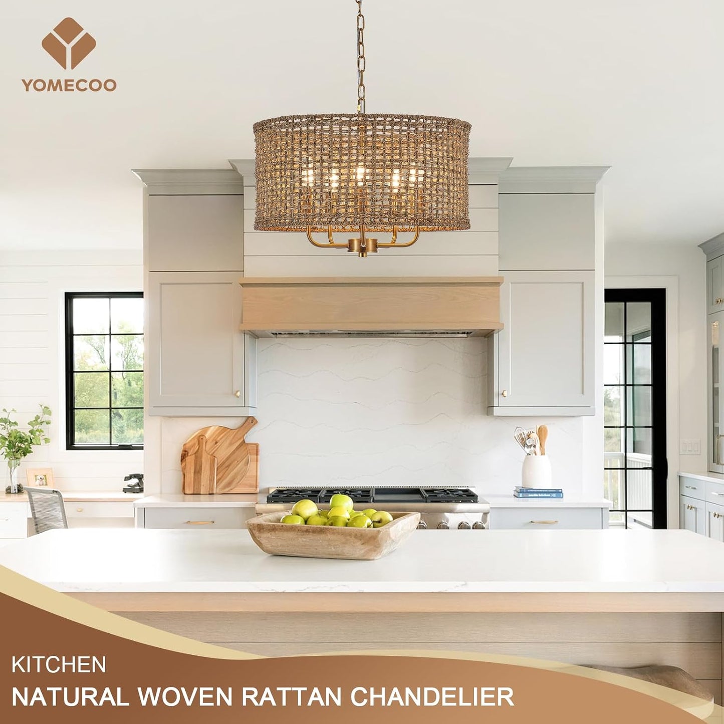 19.7" Gold Rattan Chandelier, 5-Light Boho Wicker Light Fixture | Hand-Woven Rattan Pendant Light; Adjustable Chain; Farmhouse Basket Drum Chandeliers for Dining Room, Kitchen Island, Bedroom