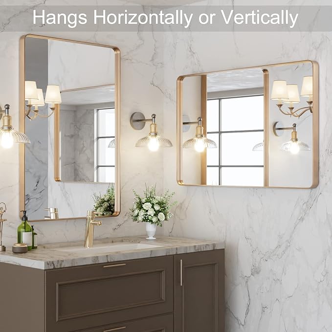 LOAAO 24”X32” Gold Bathroom Mirror, Rounded Rectangle Gold Frame Mirror - Image 7