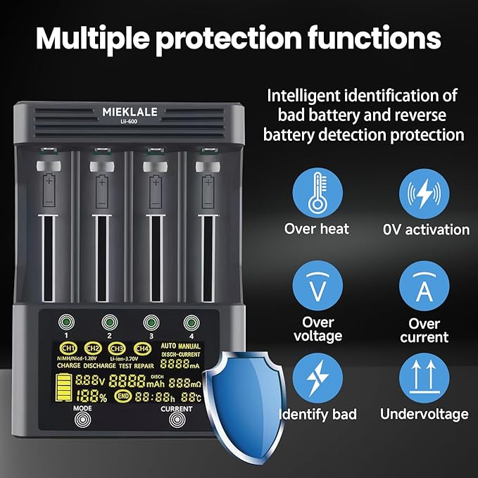 18650 Battery Charger, MIEKLALE 4-Bay 3A Fast Rechargeable Battery Charger - Image 8