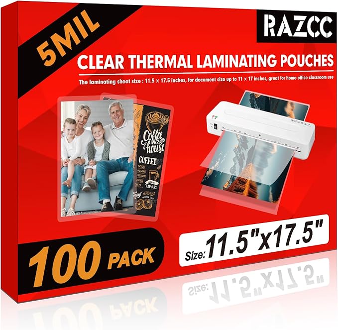 RAZCC Laminating Sheets, 100 Pack Clear Thermal Laminating Plastic Paper by RAZCC