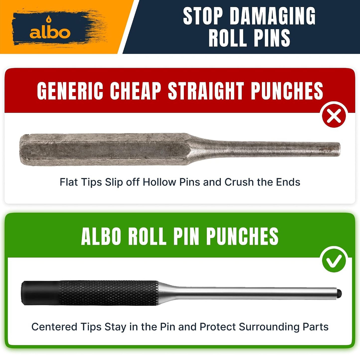 ALBO Roll Pin Punch Set, 9-Piece SAE 1/16–5/16 in, Chrome Vanadium Steel, Heat-Treated Pin Punch Kit with Knurled Handles, Roll-Up Storage Pouch, for Automotive & Small Machinery