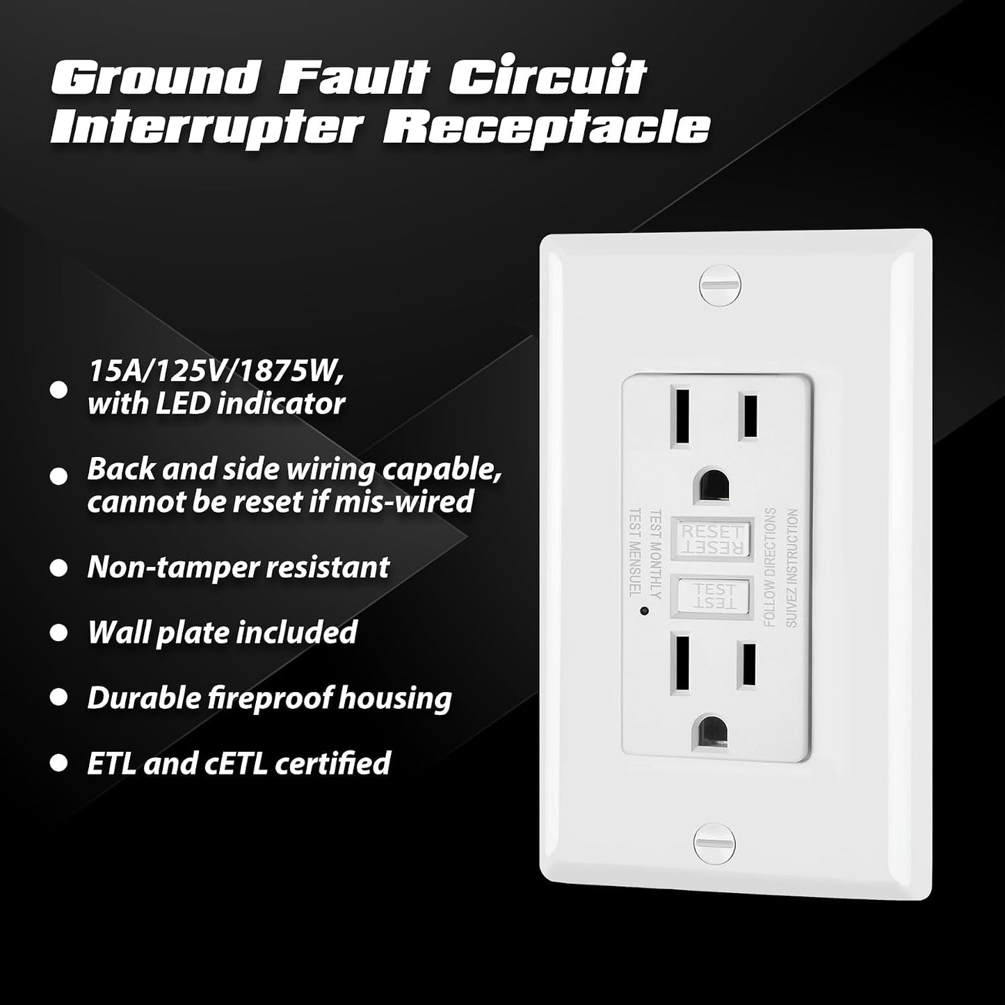 ELECTECK 10 Pack GFCI Outlets 15 Amp, NTR GFI Receptacle, ETL Listed, White | Ultra Slim Design, 15a Non-Tamper Resistant with LED Indicator, Ground Fault Circuit Interrupter, Wallplate Included