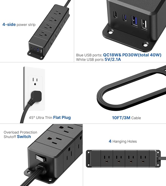 30W USB C Power Strip Surge Protector, 4 Side 12 Outlets Desk Power Strip - Image 8