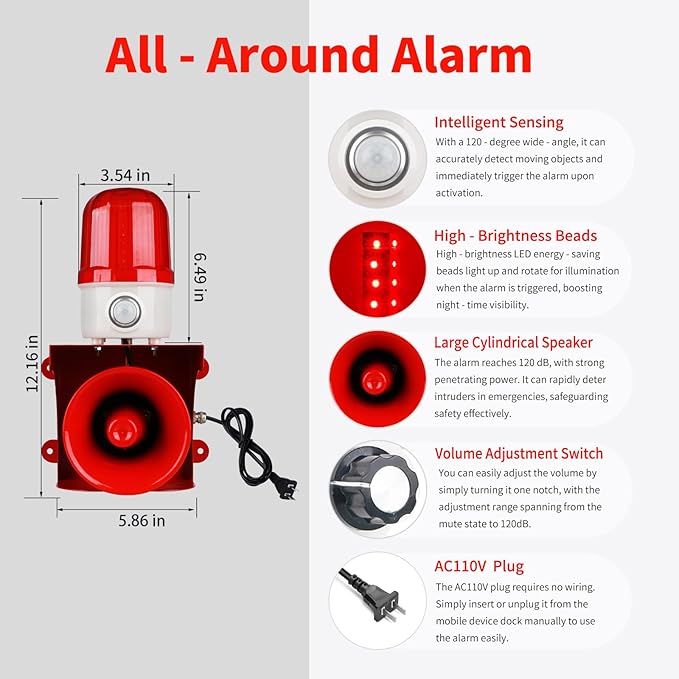 Motion Sensor Alarm with Human Detection, 120dB Adjustable Siren & LED Strobe - Image 4