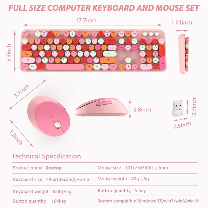 KOOTOP Cute Pink Wireless Keyboard and Mouse, 2.4G Retro Round Keycap - Image 9