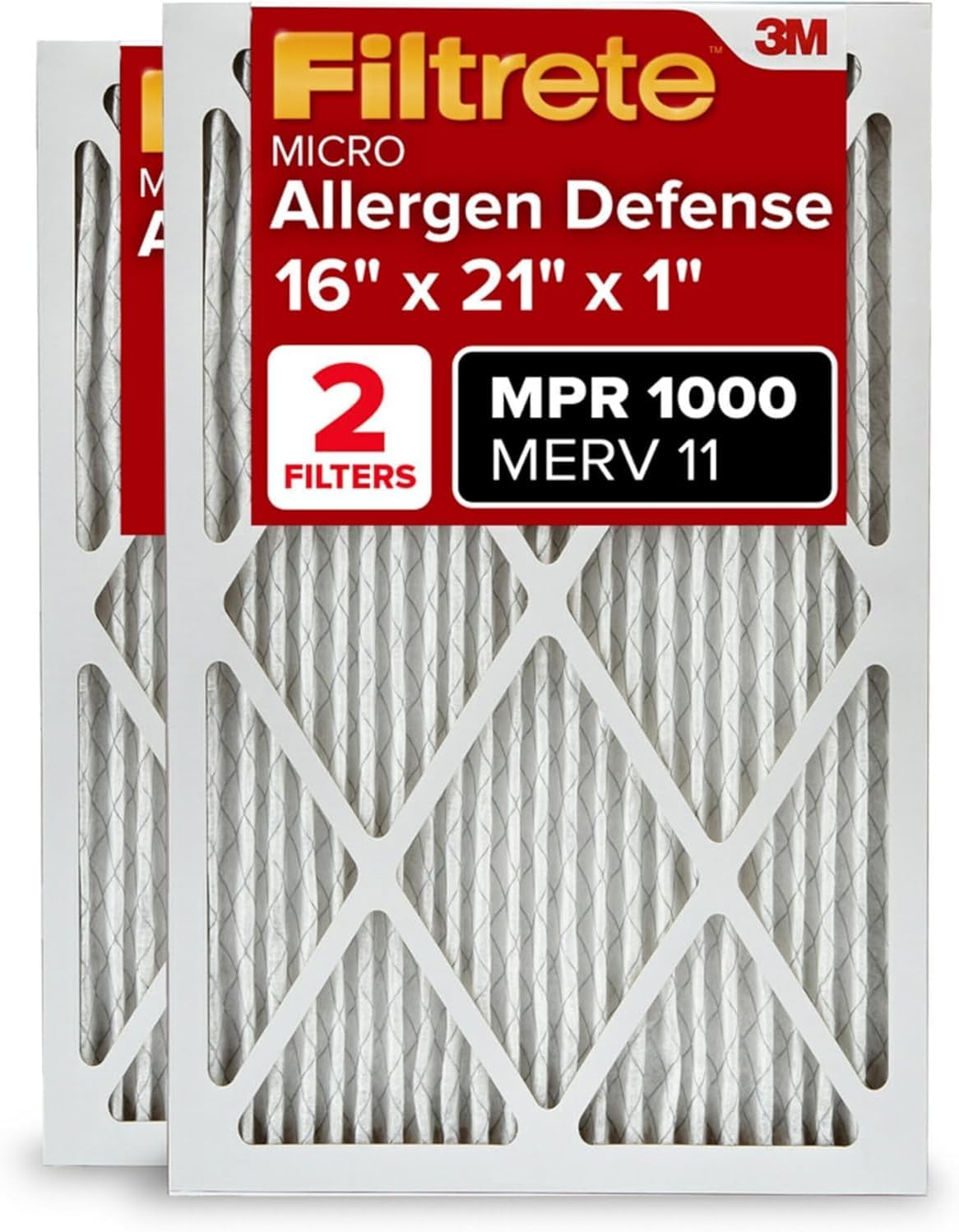 Filtrete 16x21x1 AC Furnace Air Filter, MERV 11, MPR 1000, Micro Allergen Defense, 3-Month Pleated 1-Inch Electrostatic Air Cleaning Filter, 2 Pack