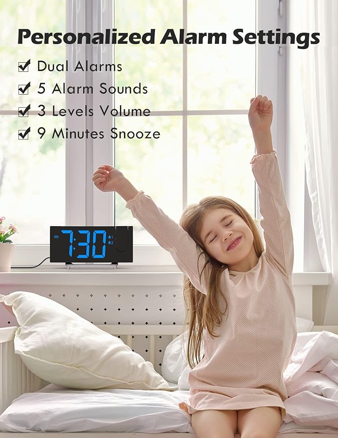 Projection Alarm Clock with FM Radio, USB Charging Port, 0-100% Dimmer - Image 6