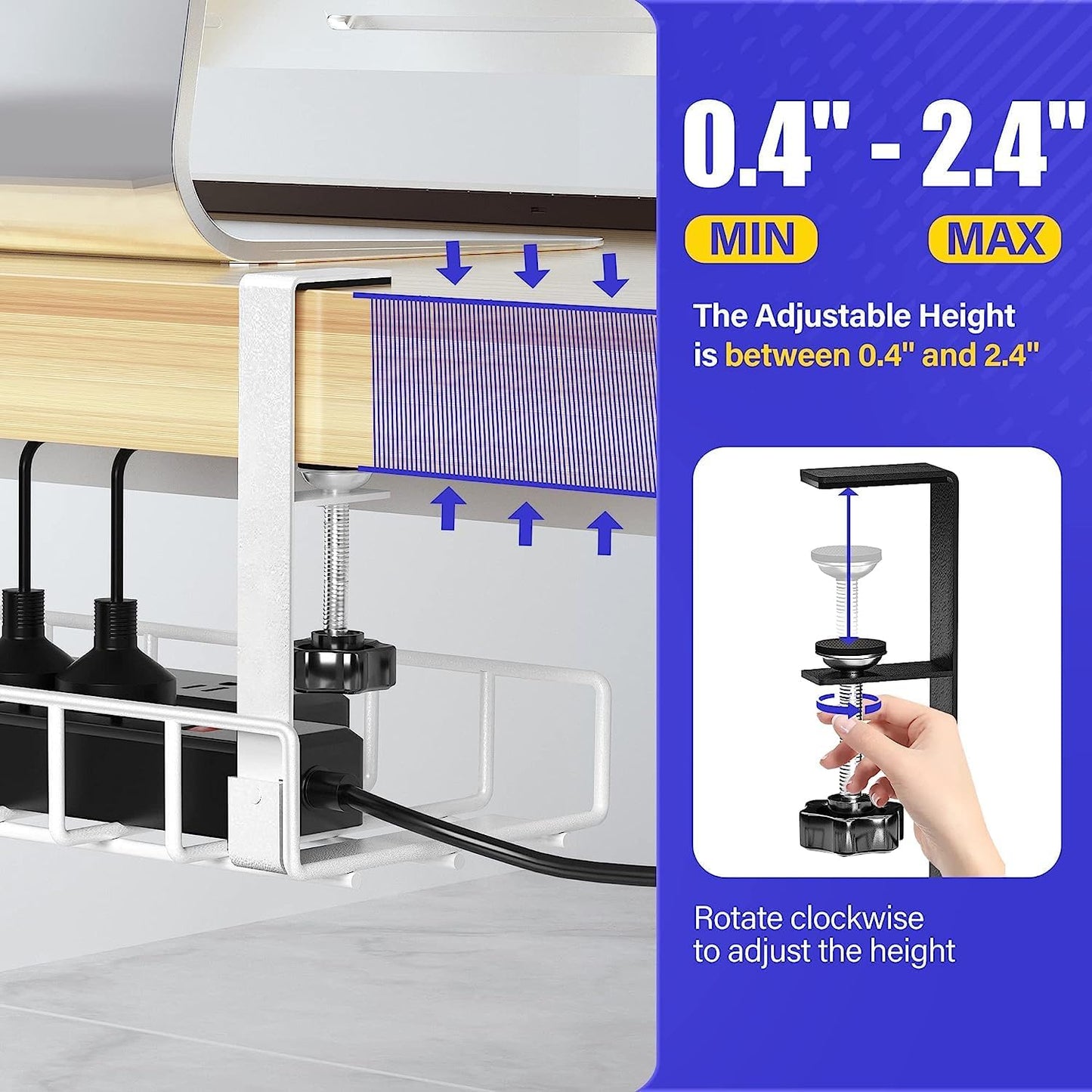 Under Desk Cable Management Tray, Xpatee Upgraded Wire Management No Drill No Screws, Cable Tray with Clamp for Wire Organizers, Computer Cord Rack for Office, Home - No Damage to Desk White