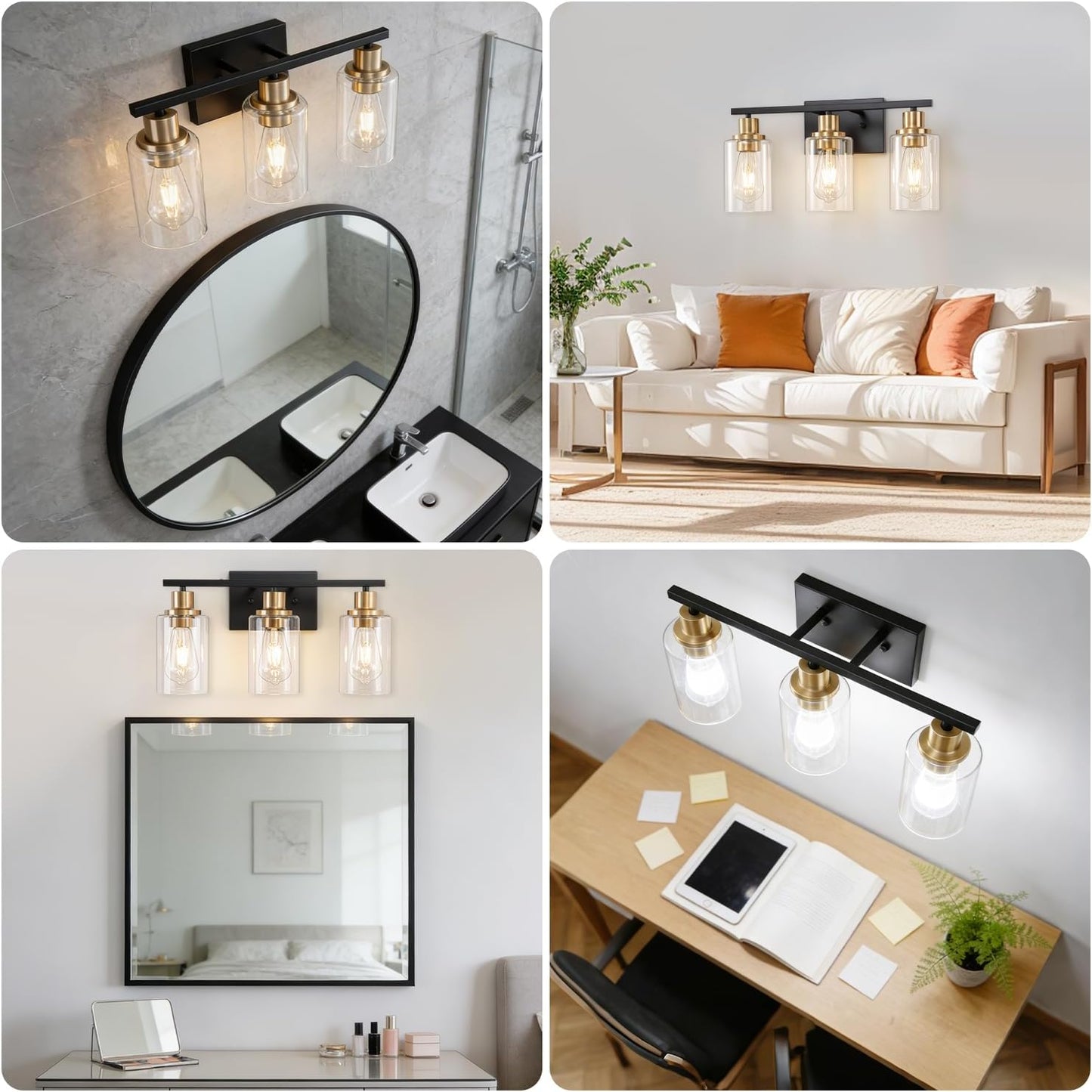 3 Light Bathroom Wall Light Fixture Vanity Wall Lights Over Mirror | Wall Sconce Lighting with Clear Glass Shades, Modern Wall Lights Wall Lamp for Mirror, Hallway Kitchen Bedroom Cabinet