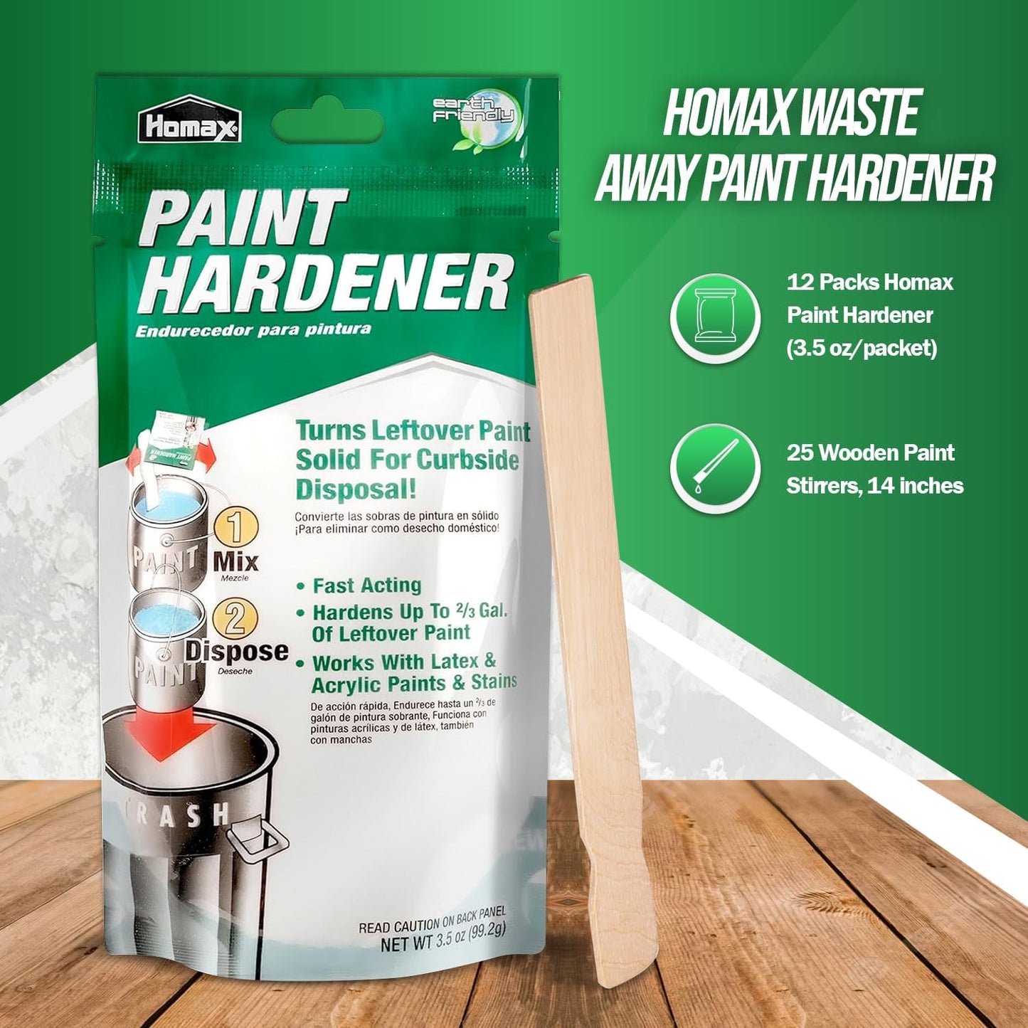 HOMESPHERE Homax Paint hardener for Disposal, Paint Drying Powder, 12 Packs | 3.5oz Packets- Fast Acting Solidifier - for Acrylic & Latex Paint with 25 Pcs. of 14 Inch Wooden Stir Sticks