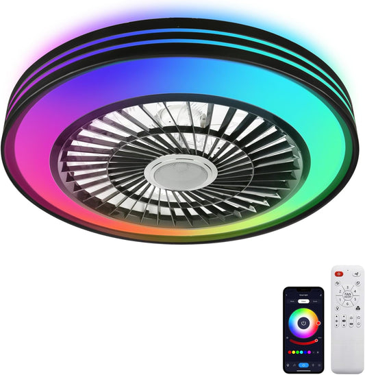 Ceiling Fan with RGB Lights and Speaker Fandelier Caged Low Profile Smart Ceiling Fan Light 2700K-6500K, Flush Mount Fan Light with Remote/APP Control for Garage Game Room Bedroom