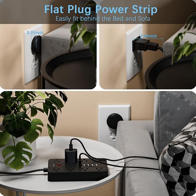 Power Strip Surge Protector, HUNIAN Flat Plug 10 Ft Long Extension Cord - Image 3