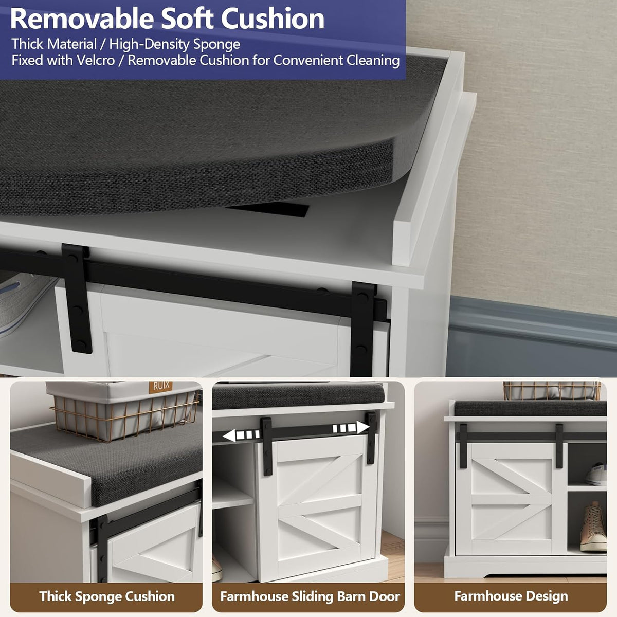 loomie 39" wide white shoe storage bench with, side view