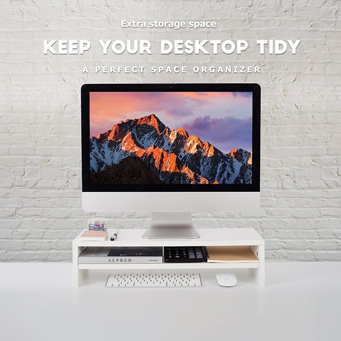 BEYGORM Monitor Stand Riser White, 21.6 inch 2 Tiers Wood Desk Shelf Computer - Image 2