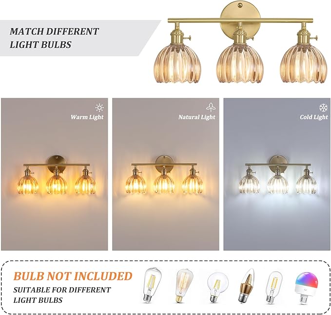 Shenmoyl Bathroom Light Fixtures, 3-Light Brass Vanity Wall Light Over Mirror - Image 3
