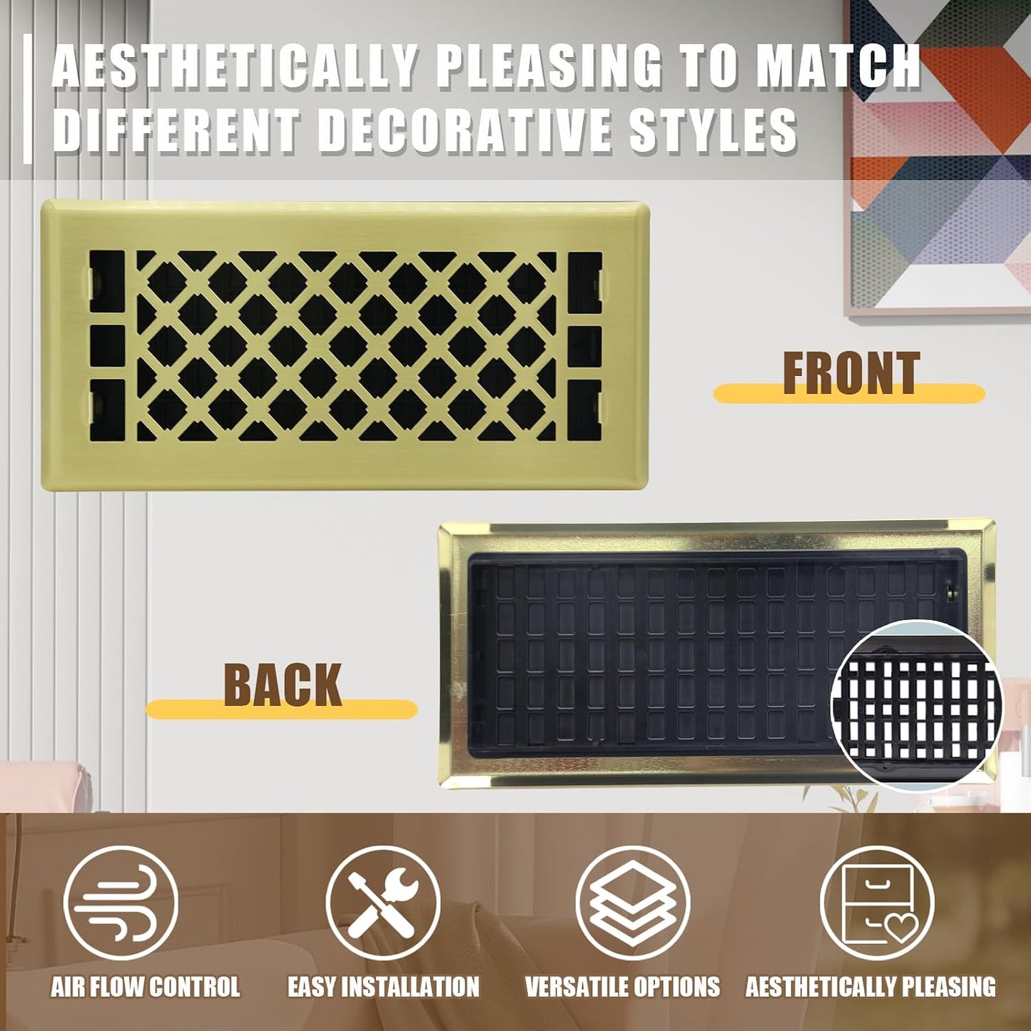 2-Pack 4x10 Decorative Floor Register Vent Cover, Brushed Gold, Lattice | Heavy-Duty Walkable Solid Steel, Adjustable Airflow Damper, Easy Drop-In Replacement