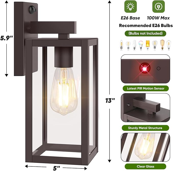 2-Pack Upgraded Motion Sensor Outdoor Wall Lights, 13” Dusk to Dawn Porch - Image 6