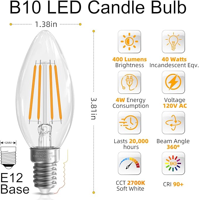 GvvooHome LED Candelabra Light Bulbs, E12 Bulb dimmable, 40 watt Equivalent - Image 2