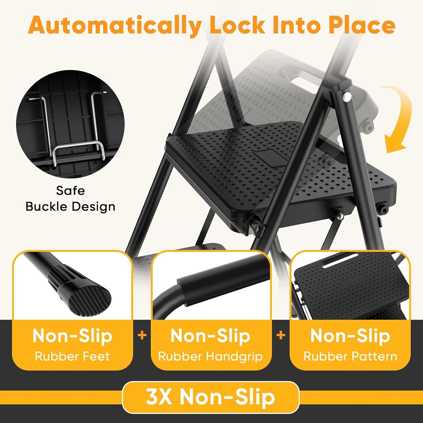 NEWBULIG 3 Step Ladder, Foldable Step Stool with Safety Lock | Lightweight Portable Steel Stool with Anti-Slip Rubber Feet ,for Home Office Garage, Black