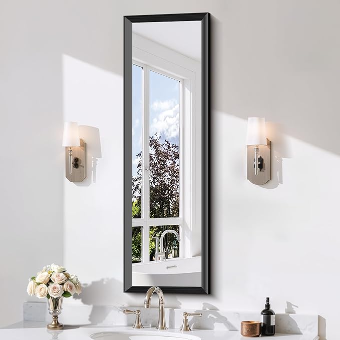 Black Bathroom Mirror 14 x 48 Inch Rectangle Wave Beveled by DESBING