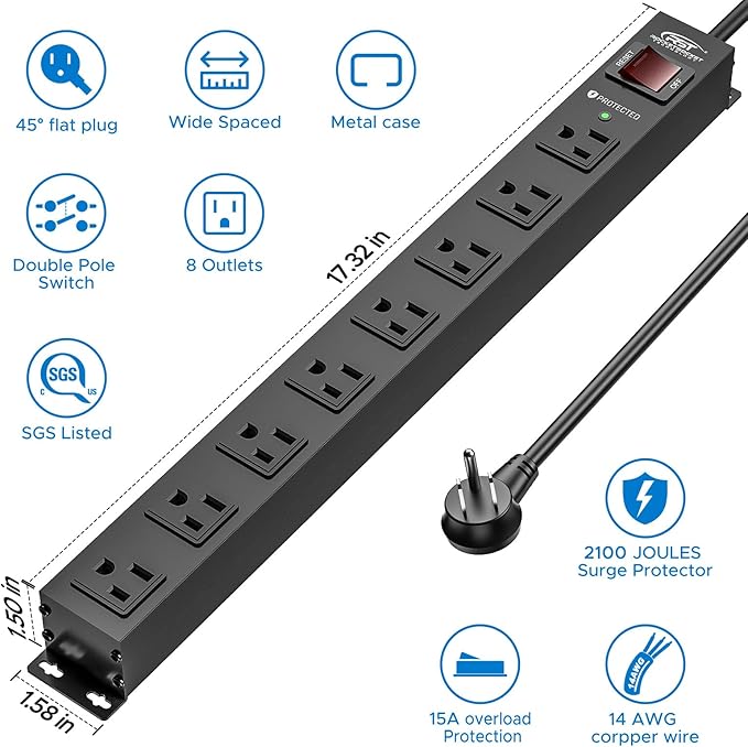 CRST 2 Pack 8 Outlet Metal Heavy Duty Power Strip - Image 2