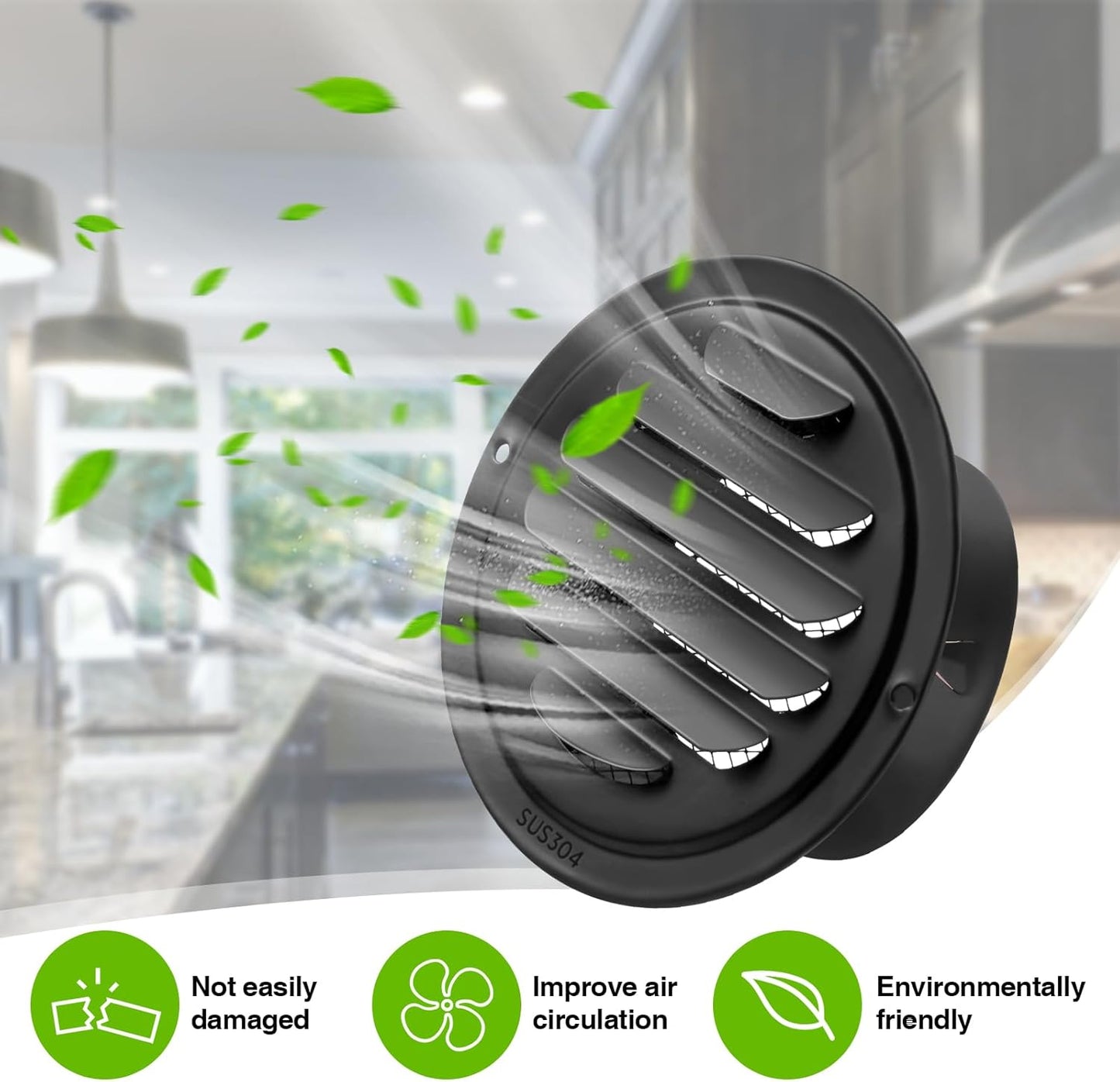 Gisafai 4 Pcs Round Soffit Vent Cover 4 Inch Stainless Steel Louvered Grille Metal Air Vent Covers with Built in Fly Screen Mesh for HVAC Ventilation House Flat Garage Exterior (Black)