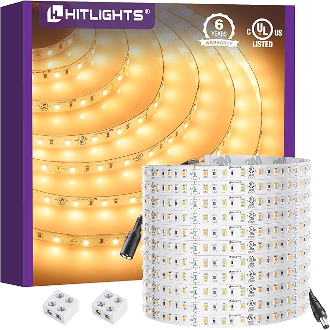 HitLights 24V LED Strip Lights Warm White 2700K, 26.2ft Cuttable Tape Backed by HitLights